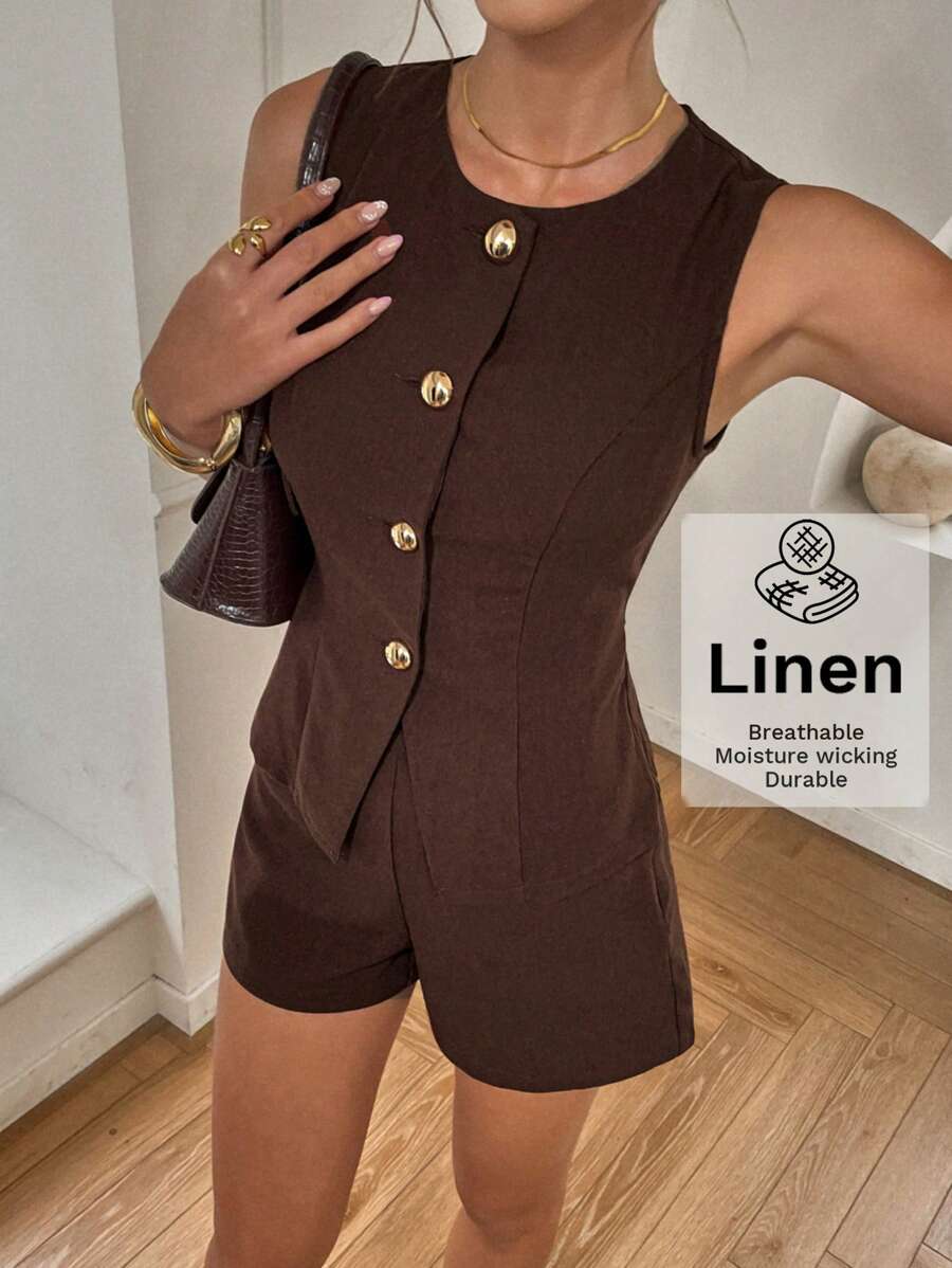 Siren Gaze Women's Brown Linen Two Pieces Set: Sleeveless Round Neck Top And Regular Length Shorts, Perfect For Casual Summer Style In Fall/Winter