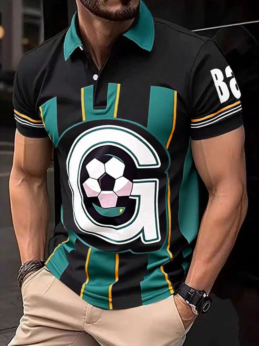 Manfinity Homme Men's Letter & Stripe Short Sleeve Casual Commuter Polo Shirt - Green - View 1