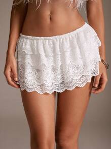 TRNVIE Weiße Mini-Shorts mit Spitzenbesatz für Damen, lässiger Urlaub, niedrige Taille, geeignet für Abschlussfeiern, Abschlussball, Sommer-Rave-Festival-Outfits, für Frauen - Weiss - Übersicht 3