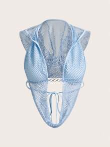 SHEIN ICON Fishnet Patchwork Metal Hoop Detail Cropped Hooded Tank Top - Baby Blue - View 1