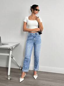 SHEIN Essnce Quần Jeans Nữ Đính Ngọc Trai Giả, Thời Trang Cho Mùa Hè - Rửa nhẹ - Xem 5