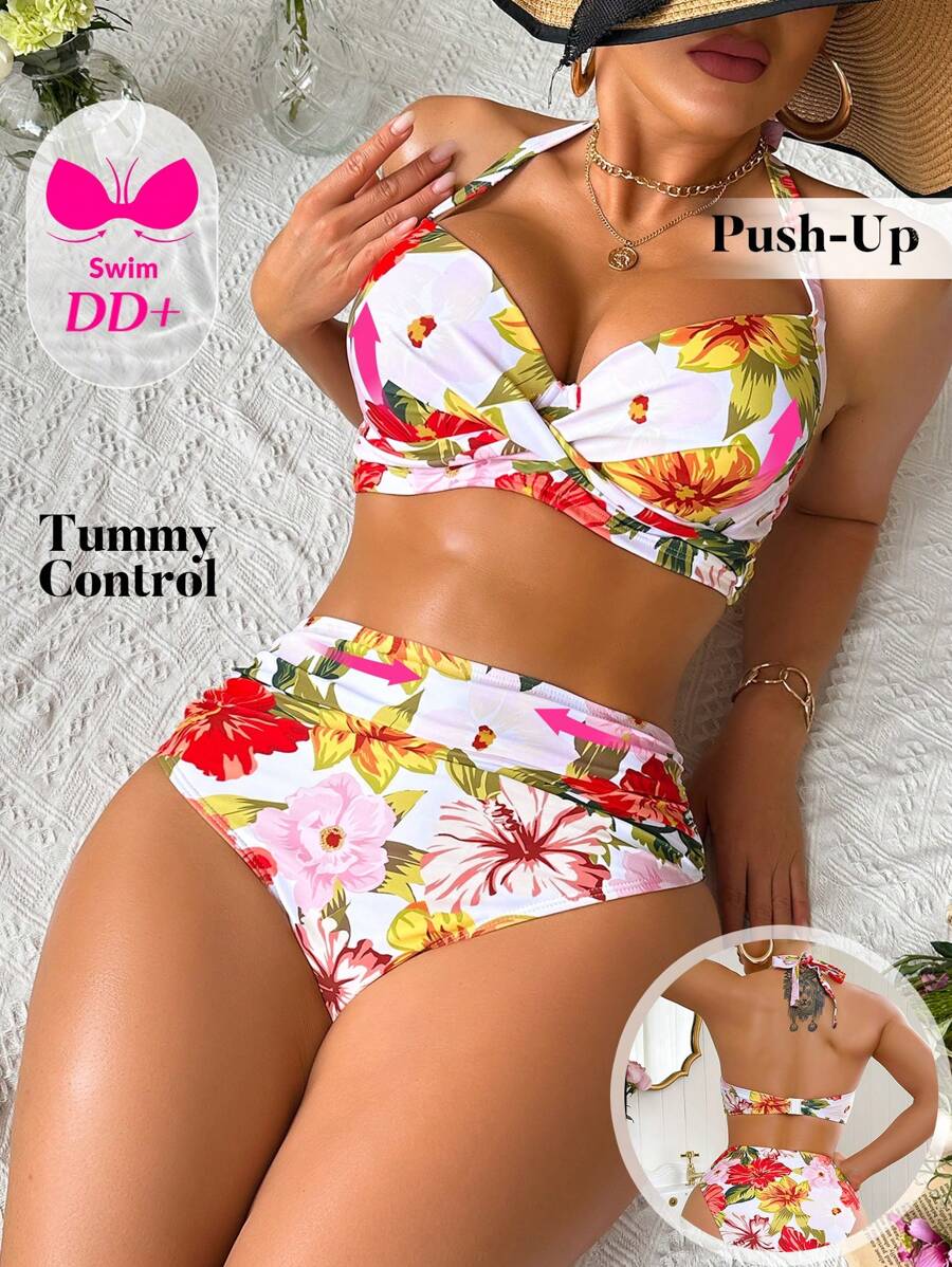 Swim DD+ Women's Floral Halter Push-Up Underwire Bikini Set, Sexy 2 Pieces Swimwear For Summer Beach - Multicolor - View 1