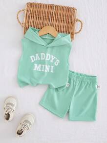 SHEIN Playful Pals Unisex Newborn-1 Year Old Baby "Daddy's Mini" Apricot Sleeveless Hooded Top And Shorts Set, Suitable For All Occasions In Summer - Green - View 1