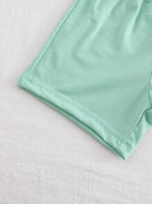 SHEIN Playful Pals Unisex Newborn-1 Year Old Baby "Daddy's Mini" Apricot Sleeveless Hooded Top And Shorts Set, Suitable For All Occasions In Summer - Green - View 3