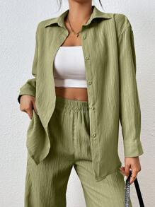 SHEIN PETITE Bộ 2 áo sơ mi dài tay màu trơn và quần dài cho nữ, tối giản và thời trang, phù hợp cho mùa hè - màu xanh lá - Xem 6