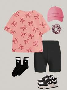 SHEIN Leap Crew Tween Girls Casual Minimalist Short Sleeve T-Shirt & Shorts 2 Pieces Set, Suitable For Summer - Multicolor - View 2