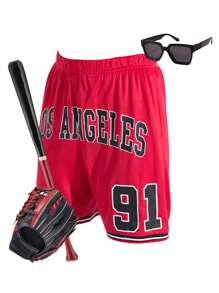 SHEIN Teen Boy/Teen Boys Versatile Comfortable Printed Pattern Ribbed Waist Loose Knit Shorts - Red - View 3