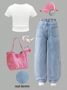 SHEIN ChillGRL 青少年女孩可爱蝴蝶领设计直筒牛仔裤和短袖 T 恤 2 件套