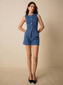 Poéselle 女士夏季休闲牛仔马甲短裤套装 - 中等水洗藍 - 查看 2