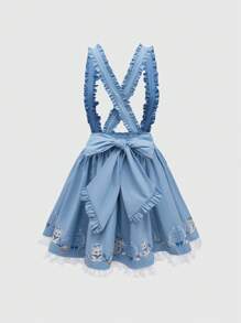 ROMWE Kawaii 女式花卉印花百褶休闲裙 - 藍色 - 查看 2