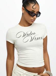 SUMWON WOMEN Video Vixen Crop Top Baby Tee Festival Y2K Aesthetic Casual Summer Short Sleeve Statement Graphic T-Shirt Streetwear Fashion Basic Fitted Tee - White - View 7