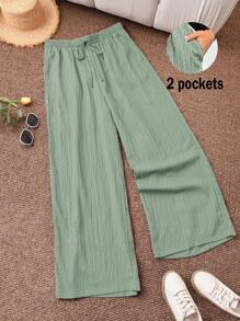 SHEIN Frenchy Plus Size Women's New Spring Summer Business Casual Woman Beach Outfits For Woman Valentine Day Style Fashion Commuting Elegant Purple Lotus Root Pink Wide-Leg Trousers, Pocket Trousers.Pants Beach Vacation Outfits Lavender College Students Outfit Valentines Clothes Cruise Outfits Women Summer Pants Baggy
