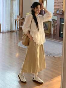 DAZY Women/Teen's Casual Solid Color Ruffle Hem Long Sleeve Blouse Fall