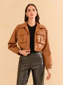 SHE(IN) BRASIL PREMIUM Casaco em PU com Bolso e elástico - Caramelo - Visão 1