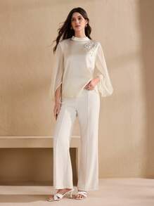 Graceveil Blusa elegante con diseño de empalme de perlas y strass, para primavera/verano - Albaricoque - Ver 3