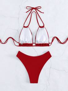 Swim Basics 女士纯色挂脖比基尼套装 - 紅色 - 查看 5