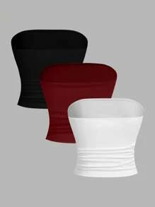 SHEIN EZwear 3pcs Set Women Casual Crinkle Ruched Fitted Tube Top - Multicolor - View 2