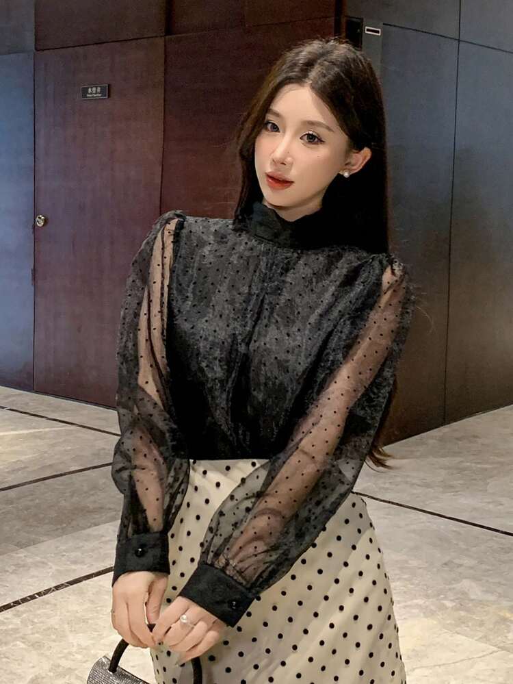 Women's Polka Dot Mesh Patchwork Turtleneck Elegant Long Sleeve Black Blouse