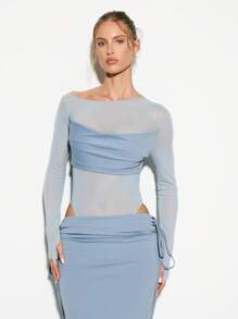 KIZN Mesh Insert Long Sleeve Two Piece Set Maxi Skirt Co-Ord Set Evening Party Wedding Guest Club Outfit Occasion Social Media Influencer - Blue - View 7