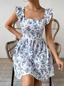 SHEIN PETITE Vestido corto elegante para mujer con escote trasero y lazo para el verano - Azul y blanco - Ver 5