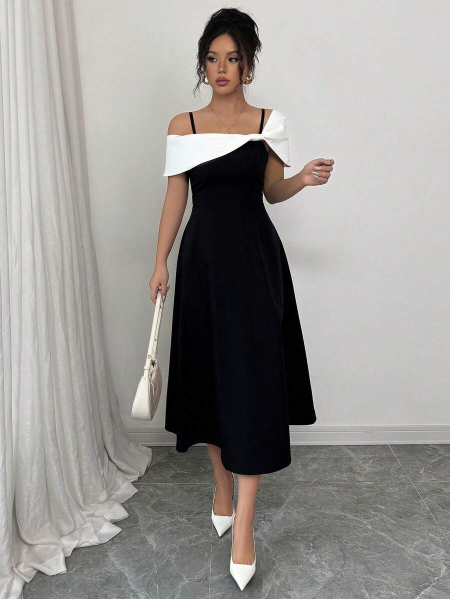 SHEIN PETITE 女士优雅撞色拼接细肩带中长连衣裙，夏季 - 黑色 - 查看 1