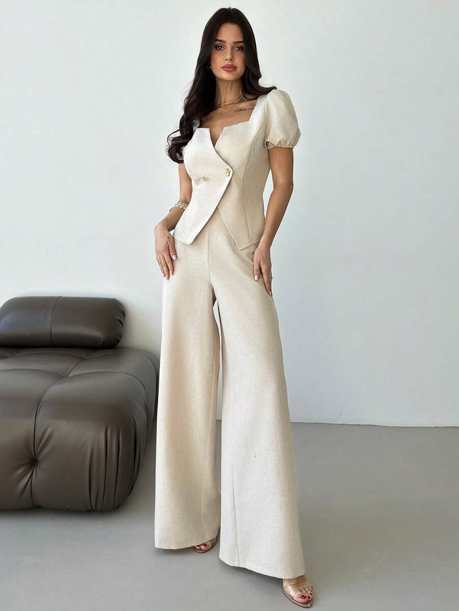 Firerie 节日版职场女士通勤泡泡袖不对称金属纽扣开衫&阔腿亚麻裤修身显瘦杏色通勤套装度假 - 杏色 - 查看 1