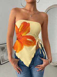 INAWLY Women Floral Print Drawstring Asymmetric Hem Sleeveless Camisole Top