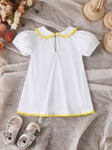 SHEIN Baby Girls White And Yellow Strawberry Embroidery Short Sleeve Dress,Cute Family Matching Summer Outfits - White - View 2