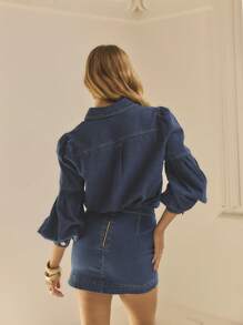 Aralina 靛蓝色牛仔泡泡袖纽扣休闲西部衬衫 - 中等水洗藍 - 查看 3