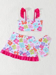 年轻女孩花卉印花荷叶边泳衣套装（含罩衫和迷你裙）