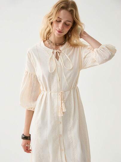 Florisole 优雅流苏单排扣复古纯色春夏连衣裙