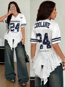 Coolane Women's Summer Festival Rave Party Sport Y2K Graphics Lace Color-Blocked Baseball Jersey T-Shirt