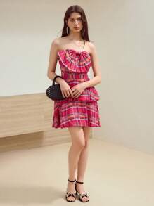 MOTF STUDIO 格纹蝴蝶结装饰泡泡袖连衣裙 - 紅色 - 查看 4