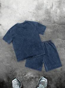 SHEIN Leap Crew 2pcs Kids/Tween Boys Casual Versatile Soft Street Style Letter Graphic Washed Snow Wash Round Neck Loose Short Sleeve T-Shirt And Shorts Set, Suitable For School, Garden, Beach, Birthday, Spring, Summer, Fall, Winter - Blue - View 3