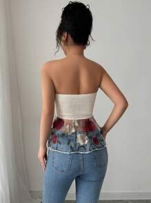 Elenzga Floral Embroidery Patchwork Asymmetrical Hem Romantic Vacation Strapless Blouse For Women, Spring/Summer - Multicolor - View 2