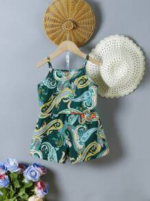 2pcs/Set Young Girl Casual Digital Print Camisole & Shorts, Simple Summer Outfit - Green - View 2