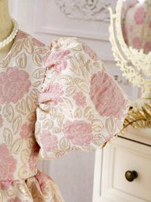 SHEIN Young Girl Elegant Floral Jacquard Stand Collar Puff Sleeve A-Line Waist Dress, Fancy Princess Retro Style Sweet Heavy Gold Thread - Pink - View 3