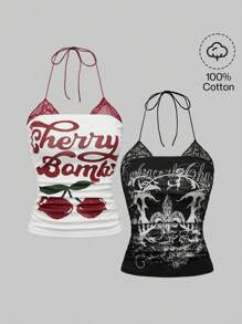 ROMWE Conjunto de 2 piezas: Top halter de estampado vintage de cerezas y contraste floral punk con encaje