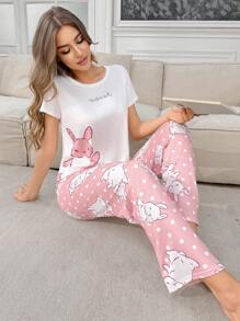 SHEIN Cute Rabbit And Letter Print Casual Women Pajama Set - Pink - View 7