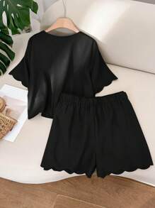 CosyJoli Plus Size Shell Trim Tie Front Short Sleeve Shirt And Shorts Co-Ord Set, Vacation Casual,Summer Outfits For Women - Black - View 2