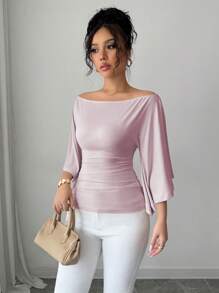Elenzga Kaos Wanita Rajut Elastisitas Tinggi Lengan Lebar Leher Bulat Warna Polos Elegan - Purple - View 3
