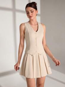 SHEIN Cottnline Elegant Solid Color Pleated Hem Commuter Dress, Summer - Cream - View 7