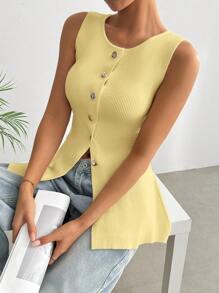 SHEIN EZwear Áo len dệt kim đơn sắc không tay cổ tròn đơn hàng nút đơn giản dành cho nữ - Màu vàng - Xem 3