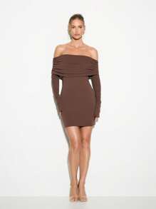 KIZN Vestido mini ajustado ceñido con hombros descubiertos, drapeado, de manga larga para fiestas, salidas nocturnas, invierno, otoño y ocasiones festivas - Café integral - Ver 3