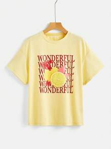SHEIN Essnce Women's Letter & Lemon Print Short Sleeve Round Neck T-Shirt, Suitable For Summer