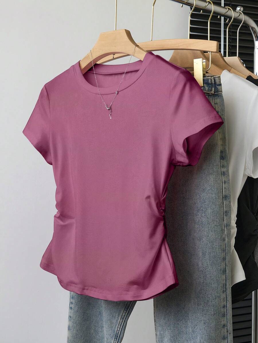 INAWLY Áo thun nữ cổ tròn tay ngắn màu trơn, thời trang cho mùa hè - Màu đỏ tím - Xem 1