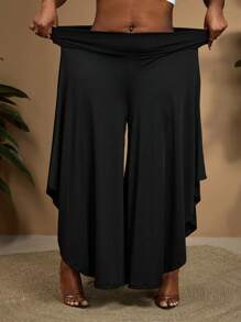 SHEIN CURVE+ Pantaloni larghi asimmetrici di colore tinta unita in taglie comode, Curve Plus, adatto per le vacanze