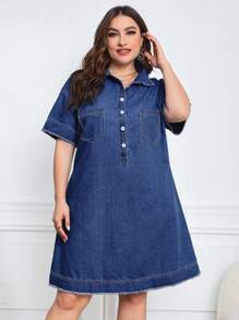 EMERY ROSE 大码夏季休闲纽扣前落肩牛仔中长连衣裙