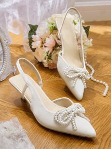 CUCCOO HITCHD 女士夏季新款仿珍珠蝴蝶结尖头猫跟鞋，优雅奢华可爱浪漫白色缎面女士高跟鞋，适合新娘、婚礼、伴娘、派对、下午茶、约会、正式场合等场合，圣诞节优雅鞋履，婚鞋，夏季鞋履，新娘鞋 - 米色 - 查看 3