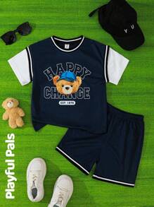 Conjunto deportivo de verano para niños, con top de 2 piezas con estampado de oso en azul marino y shorts